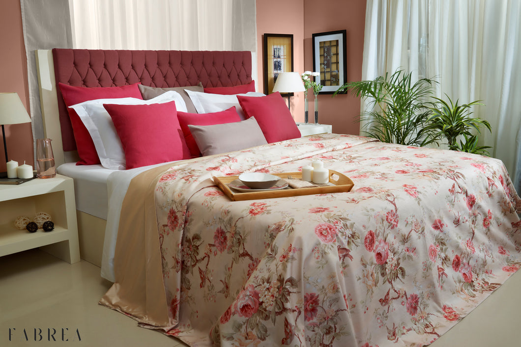 Pink & Beige Floral Bedspread and Pillowcases Set